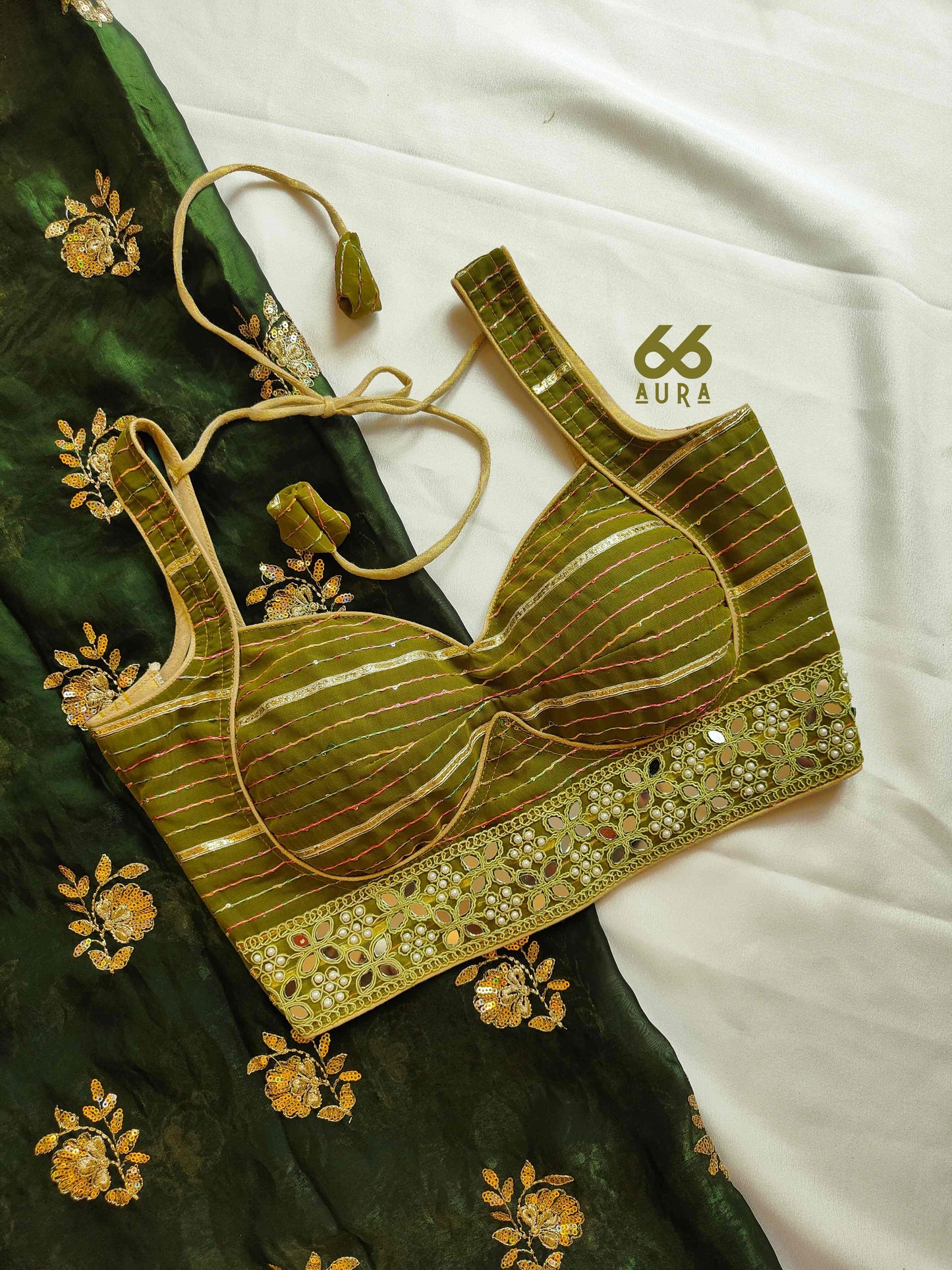 LUXE AURA SAREE WITH OLIVE AURA SLEEVELESS BLOUSE