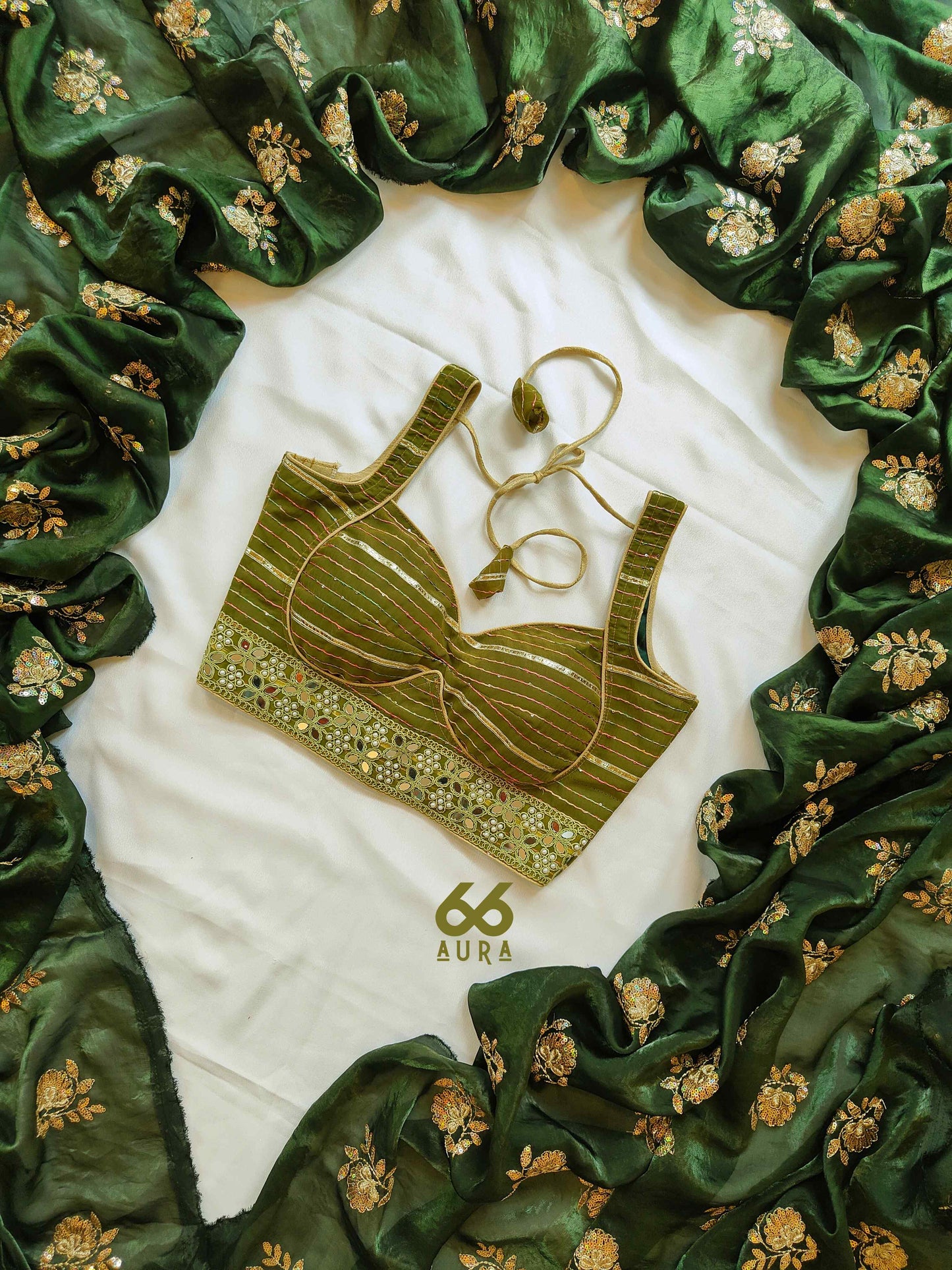 LUXE AURA SAREE WITH OLIVE AURA SLEEVELESS BLOUSE