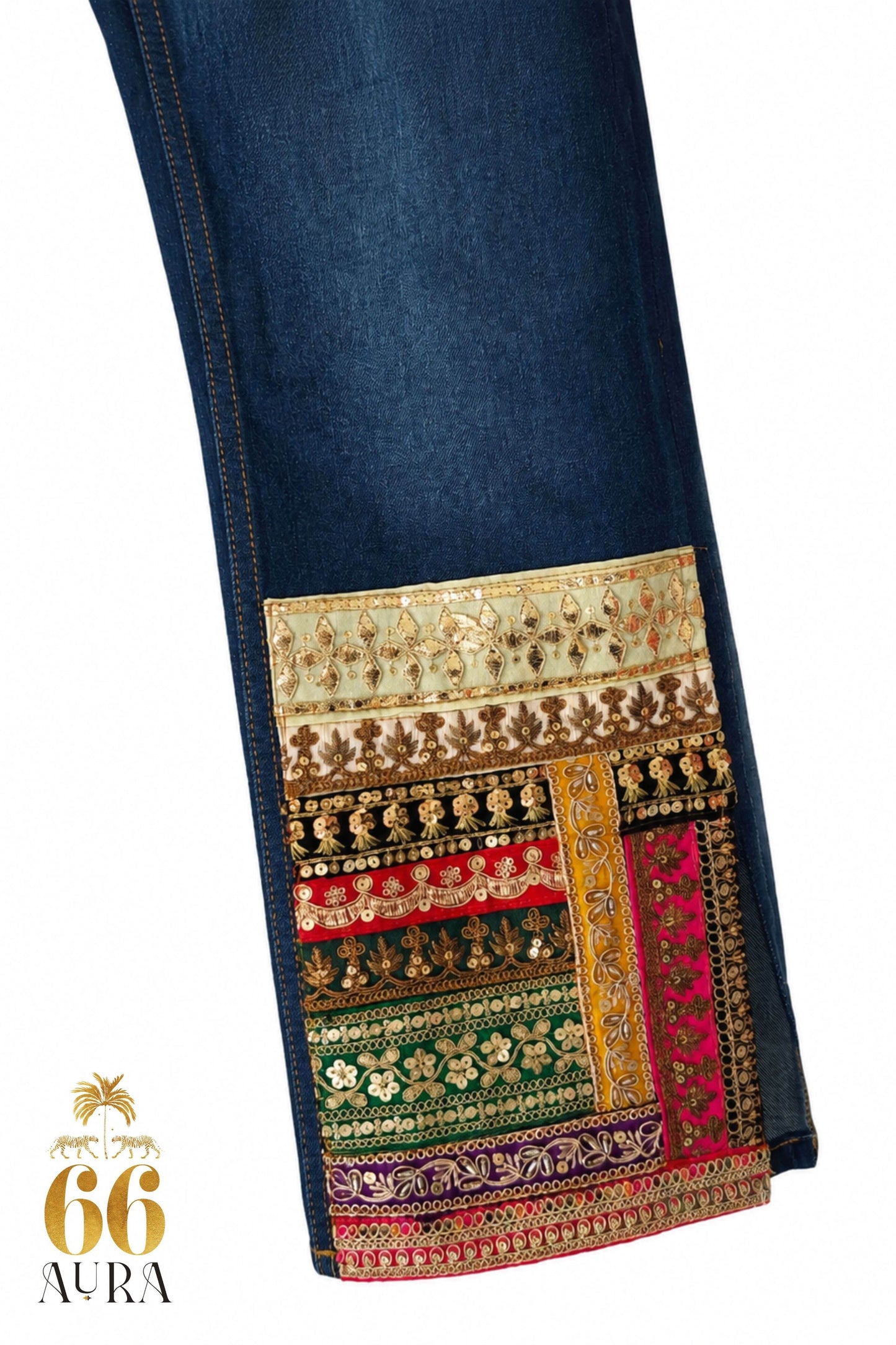 66aura Too Iconic jeans in a multicolor design displayed on a hanger with detailed stitching and fabric texture.