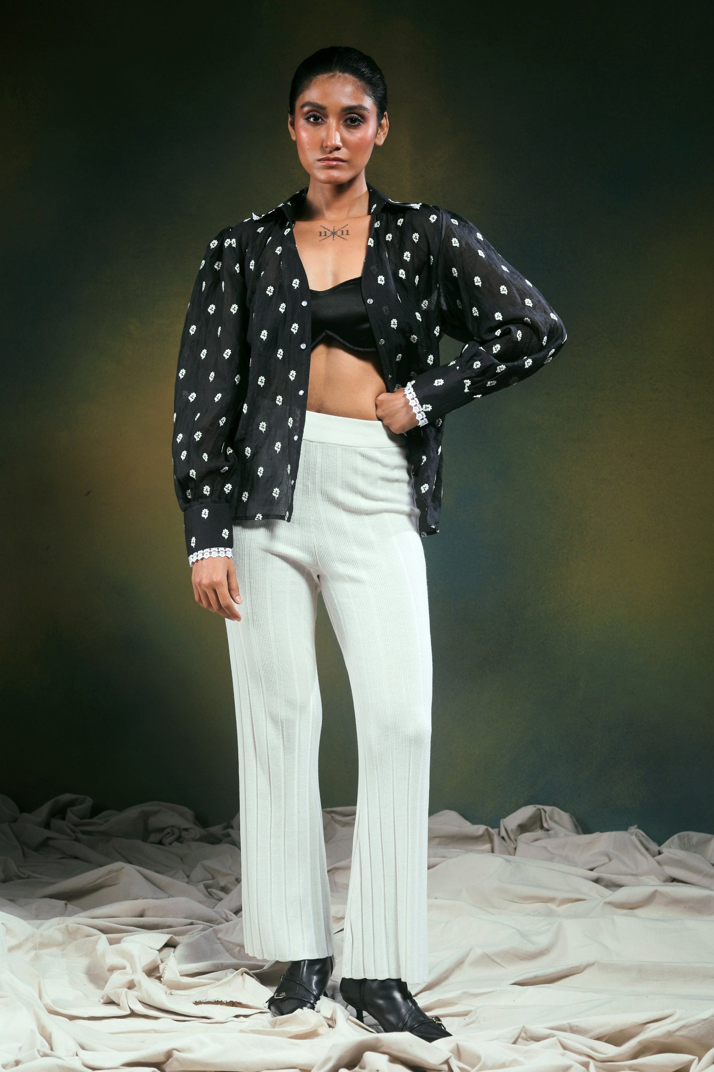 Over-sized Shadow Sync shirt by 66aura featuring a relaxed fit, dark shadow pattern, and casual style, shown on a model.