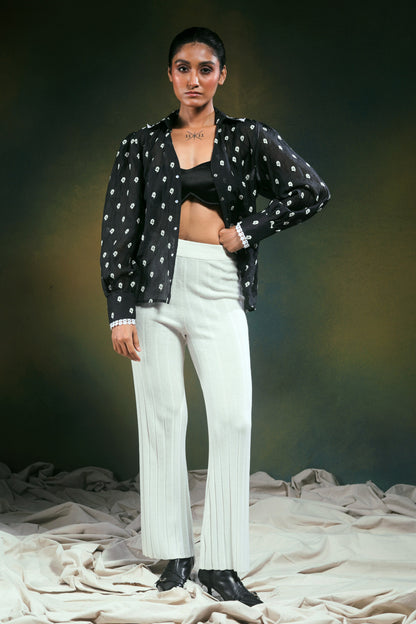 Over-sized Shadow Sync shirt by 66aura featuring a relaxed fit, dark shadow pattern, and casual style, shown on a model.