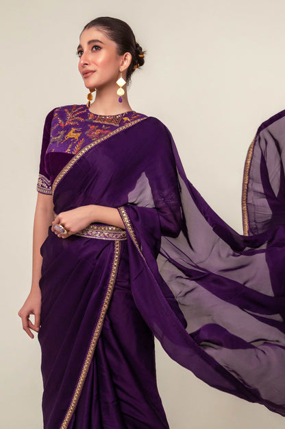 BOLD BLOOM SAREE WITH ROYAL HAZE BLOUSE - 66Aura