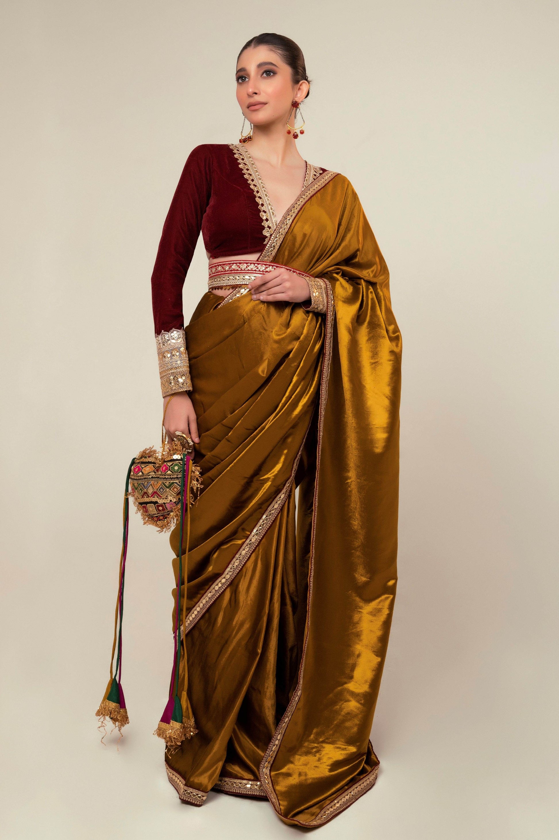 LUXE LIME SAREE WITH OXBLOOD EDGE BLOUSE - 66Aura