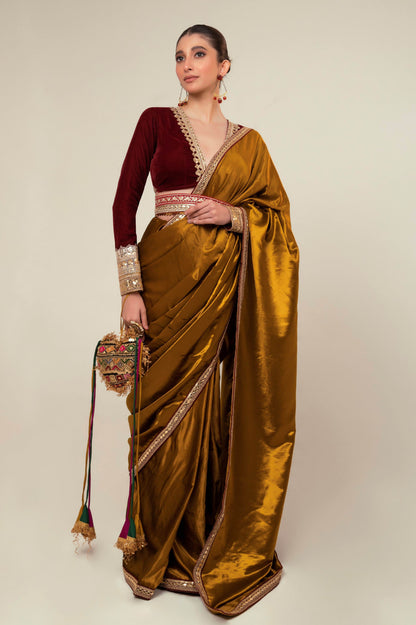LUXE LIME SAREE WITH OXBLOOD EDGE BLOUSE - 66Aura