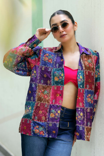 Delulu Drip Shirt by 66aura featuring a stylish, colorful drip pattern on a lightweight fabric, displayed on a mannequin.