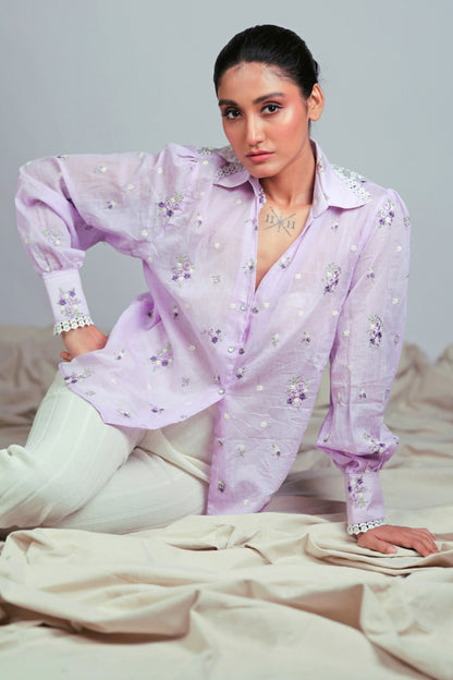 Lilac Lagoon oversized shirt by 66aura, soft fabric with relaxed fit, shown laid flat with collar and long sleeves.