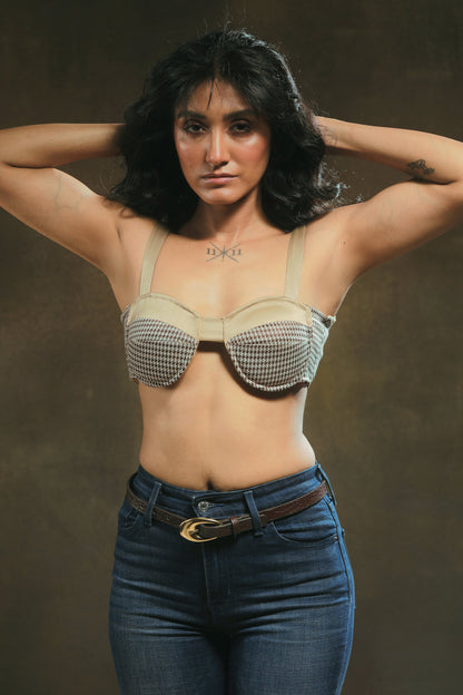 66aura Boardroom Babe Bralette displayed on a model, featuring a stylish, comfortable design with intricate lace details.