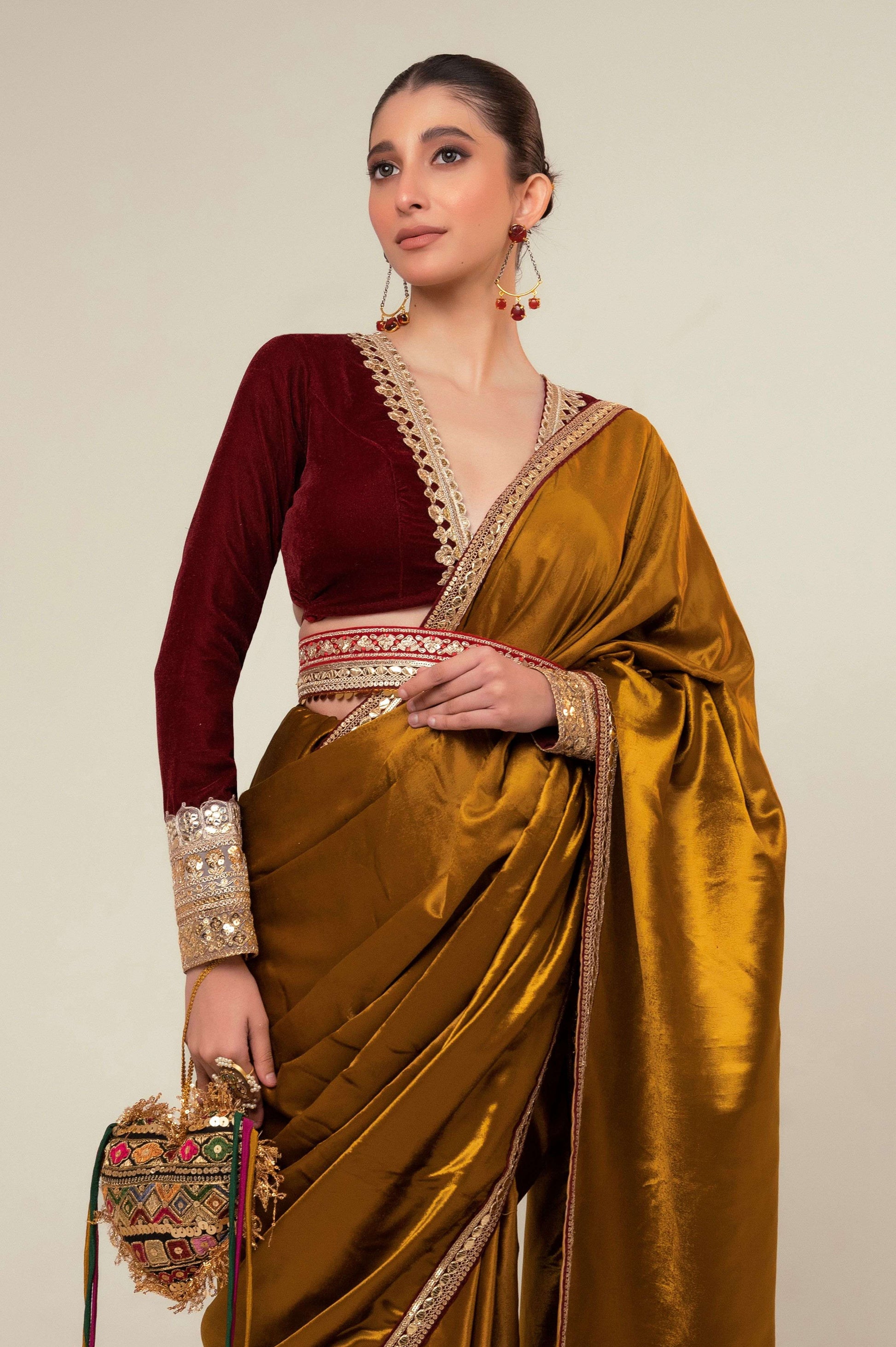 LUXE LIME SAREE WITH OXBLOOD EDGE BLOUSE - 66Aura