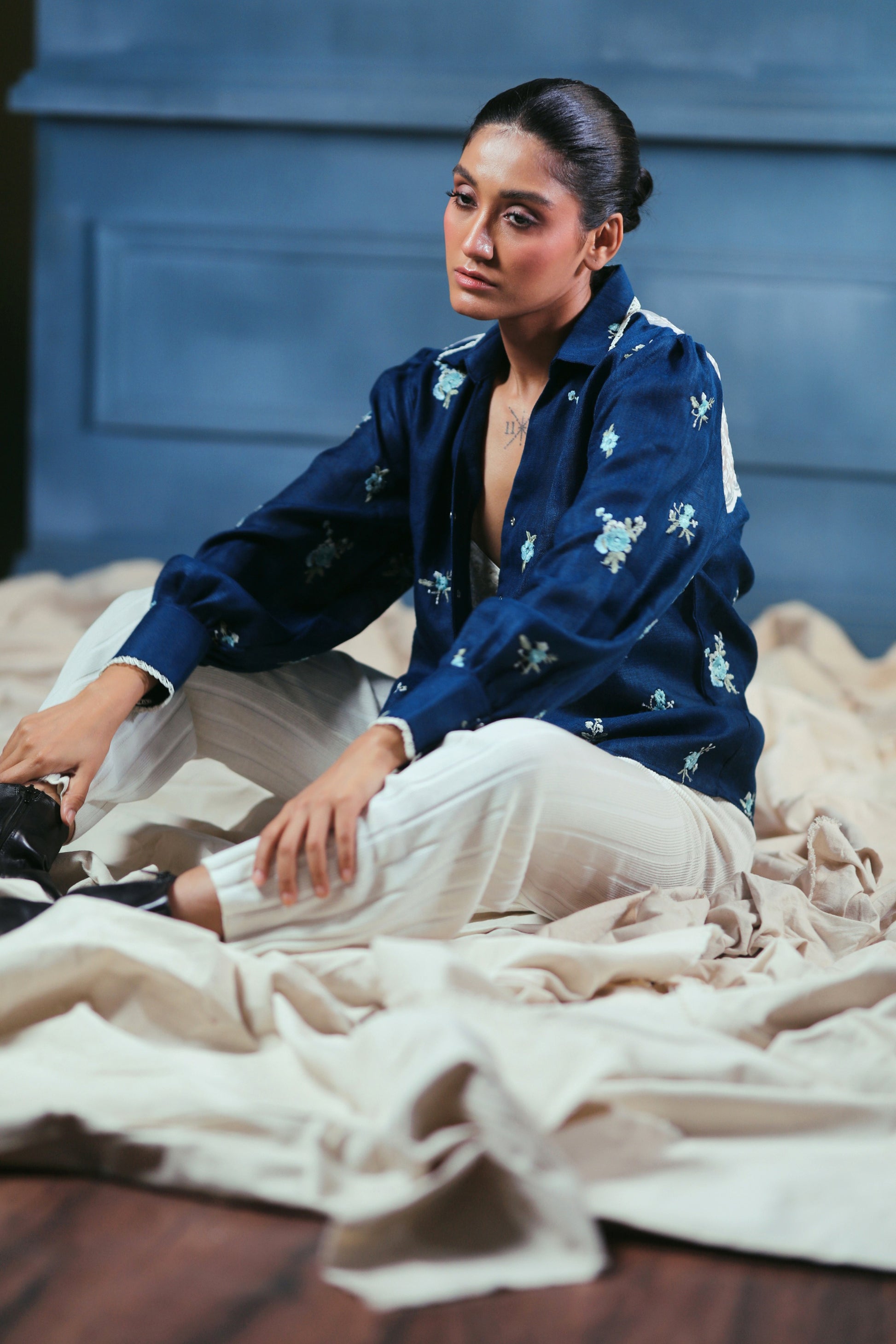 Navy Nexus oversized shirt by 66aura, featuring relaxed fit, long sleeves, and a casual, comfortable style for everyday wear.