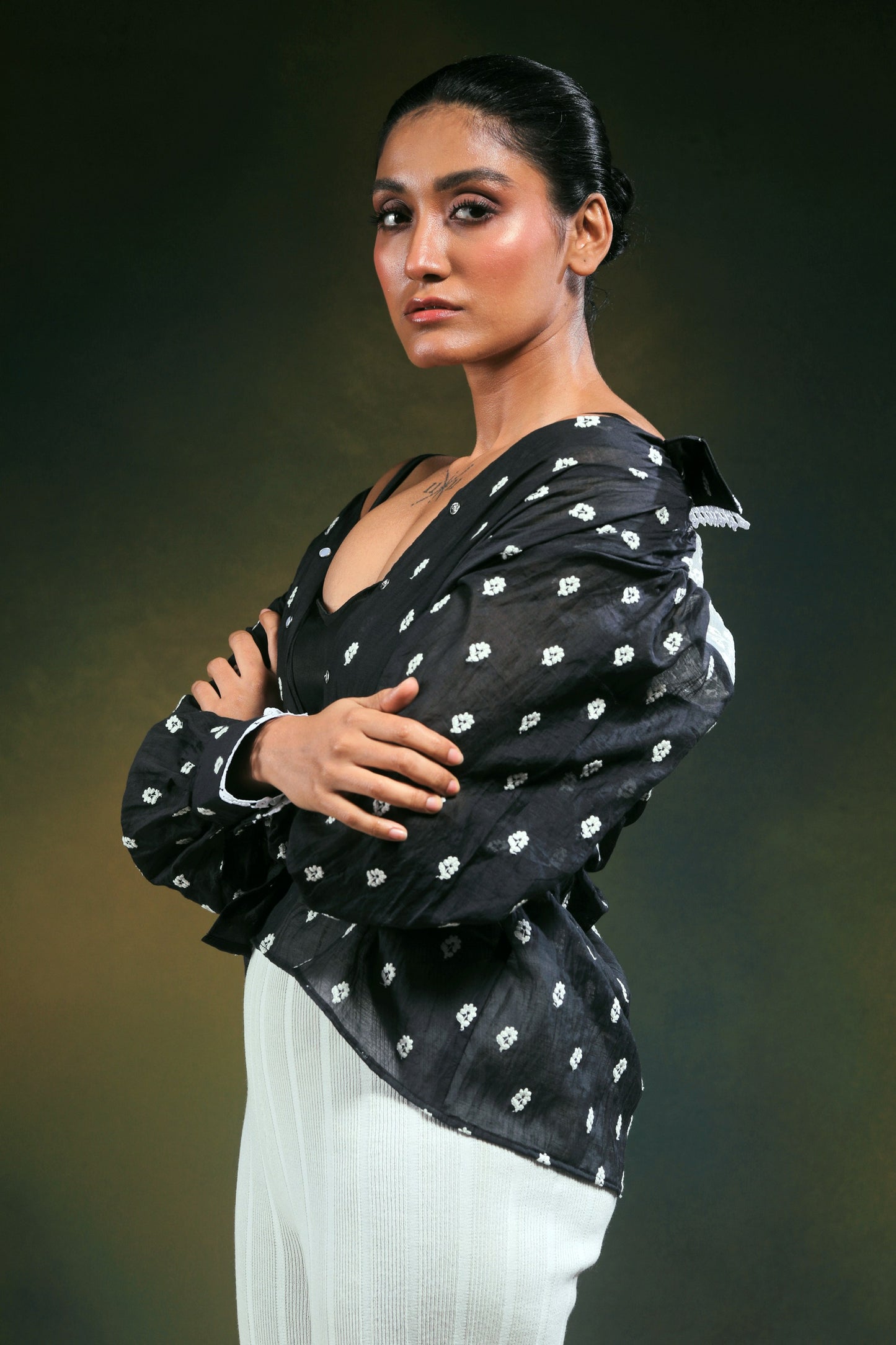 Oversized Shadow Sync shirt by 66aura, featuring a relaxed fit with shadow pattern and soft fabric in neutral tones.