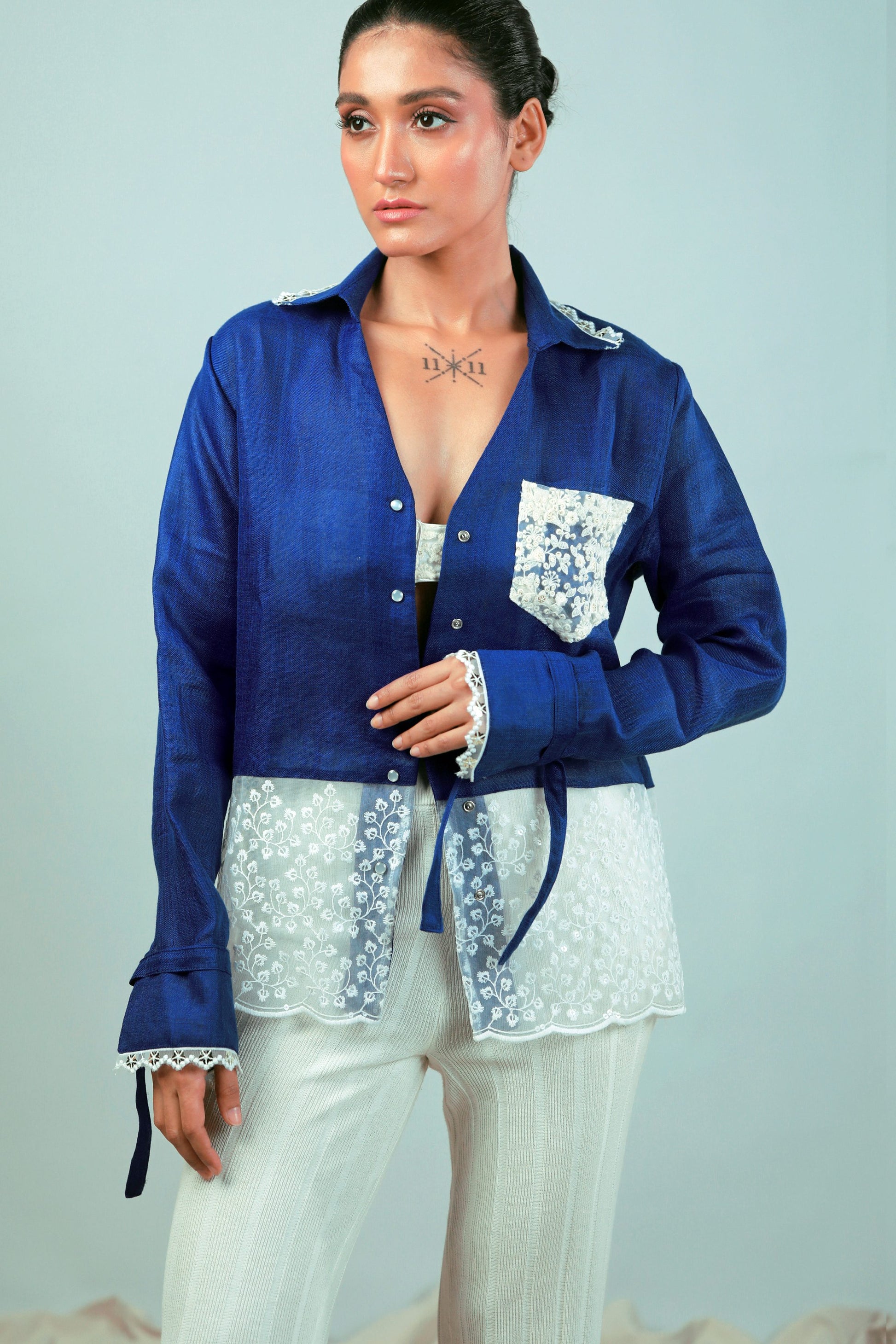 Cobalt Crush oversized shirt by 66aura, featuring a relaxed fit with long sleeves and a casual, trendy design.