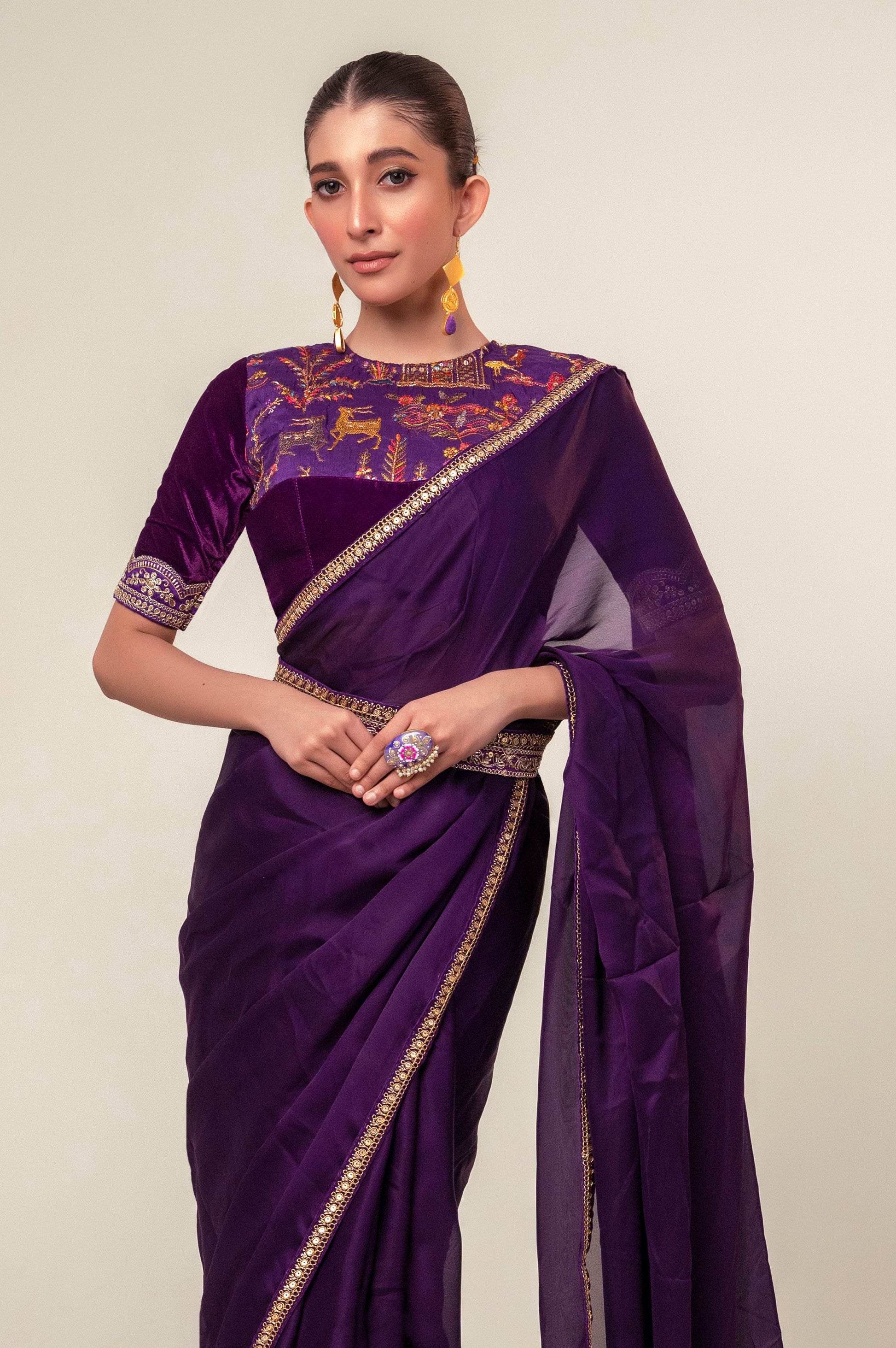 BOLD BLOOM SAREE WITH ROYAL HAZE BLOUSE - 66Aura