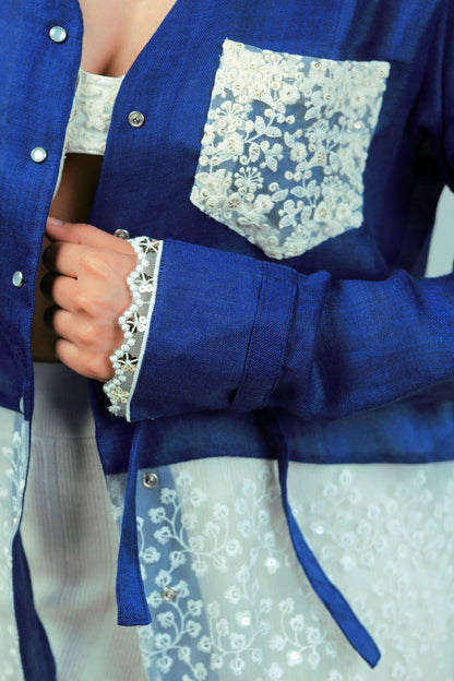 Cobalt Crush oversized shirt by 66aura featuring a relaxed fit, long sleeves, and a casual, stylish design.