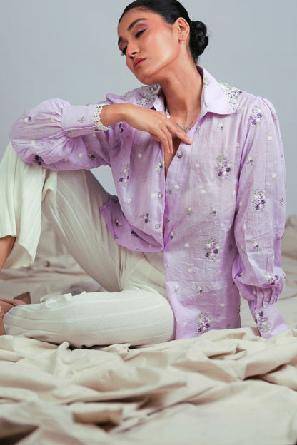 Lilac Lagoon oversized shirt by 66aura, shown in soft lilac fabric with a relaxed fit, long sleeves, and button-front design.