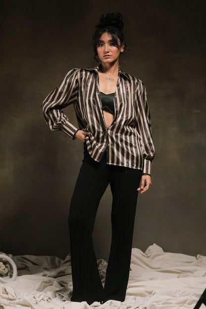 Oversized Stripe Spin shirt by 66aura featuring a relaxed fit, bold horizontal stripes, and a casual, comfortable design.