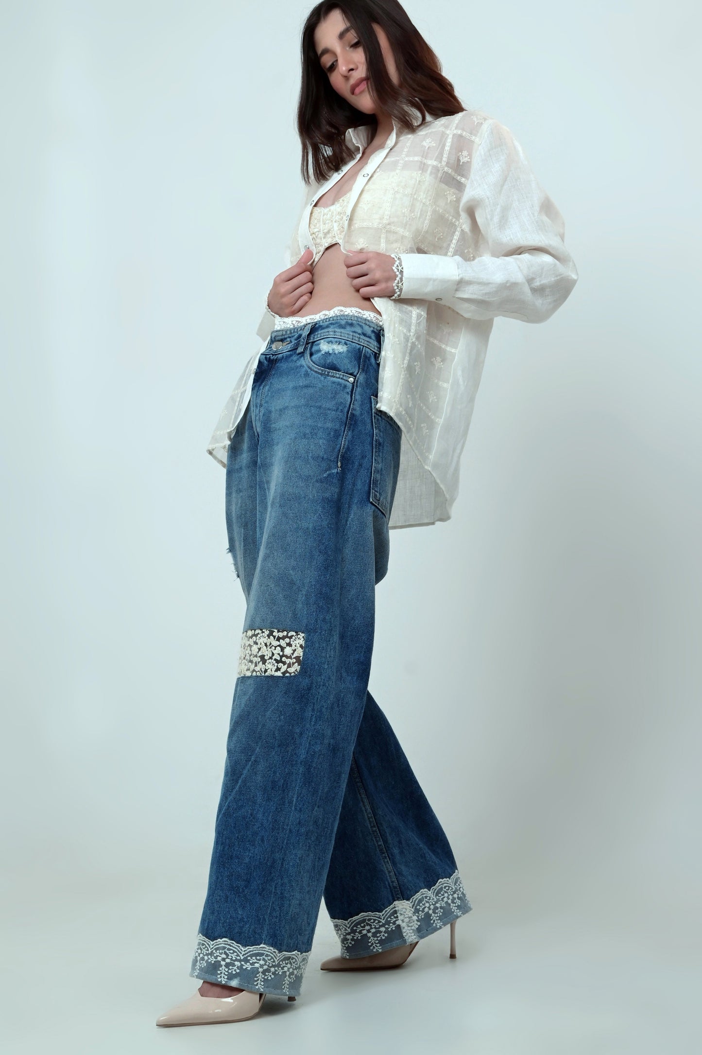 Dark wash Vibe Check jeans by 66aura with a slim fit design, featuring classic five-pocket styling and subtle fading.