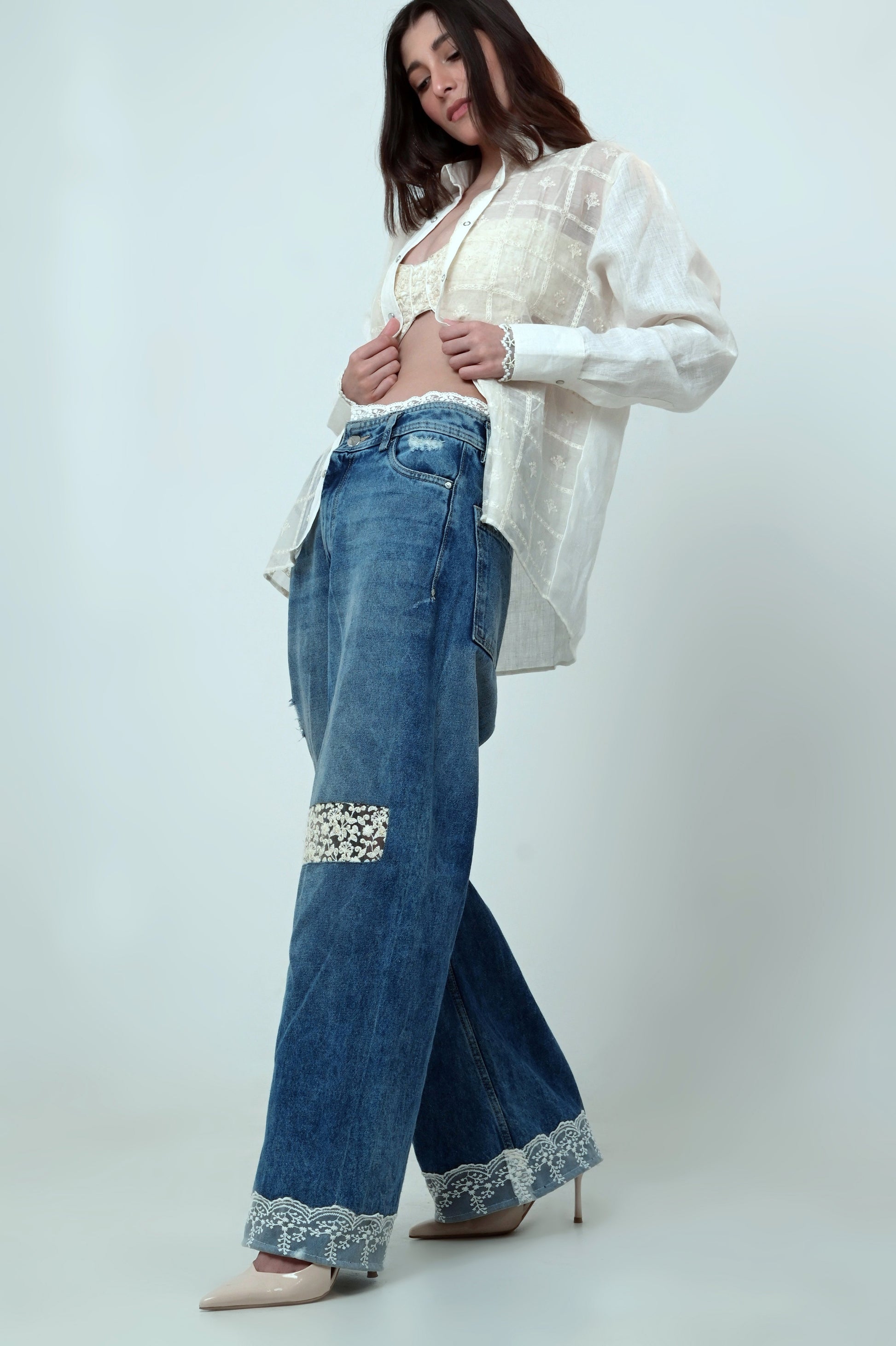 Dark wash Vibe Check jeans by 66aura with a slim fit design, featuring classic five-pocket styling and subtle fading.