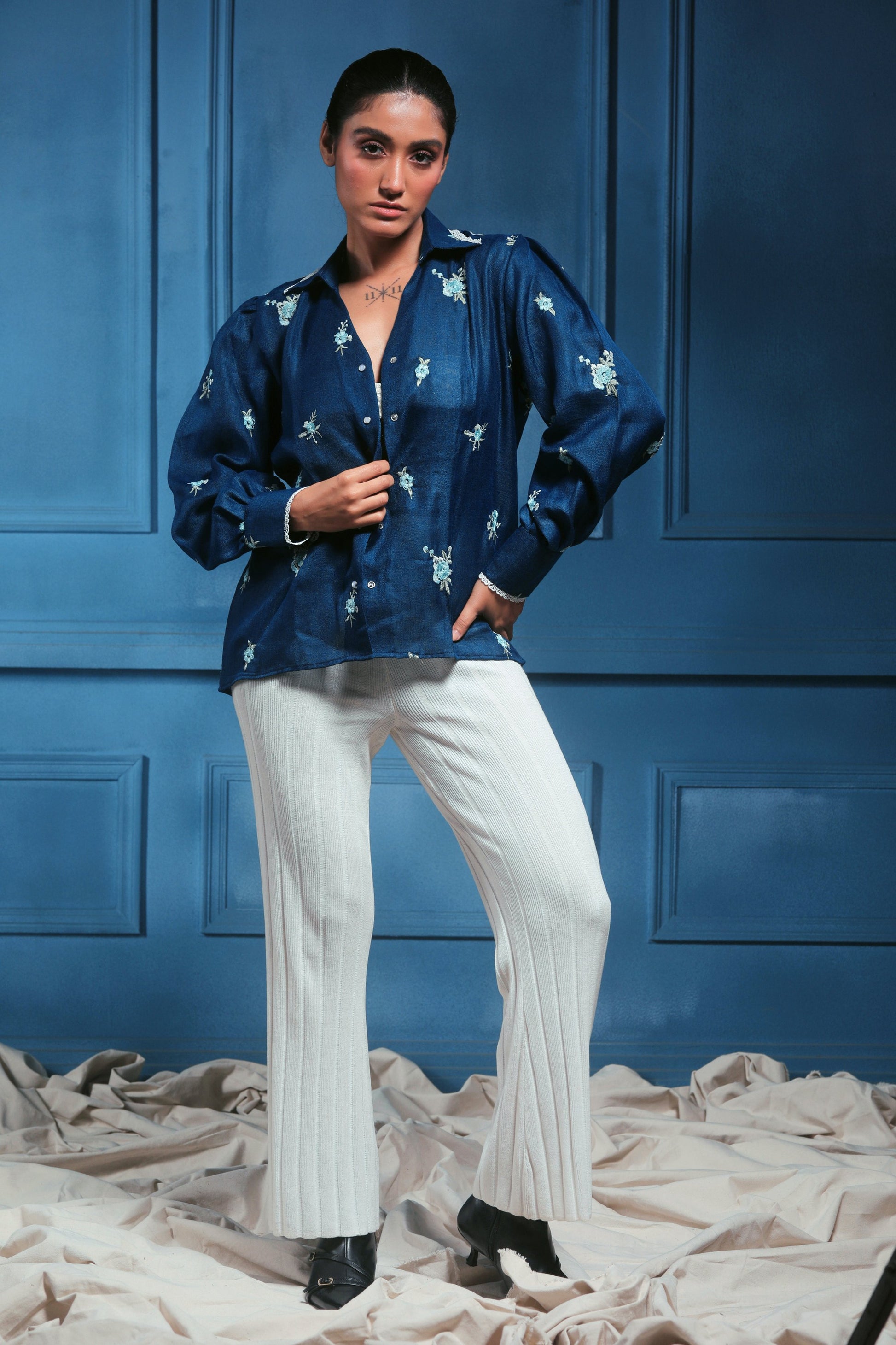 Navy Nexus oversized shirt by 66aura, featuring a relaxed fit, long sleeves, and a casual, comfortable design.