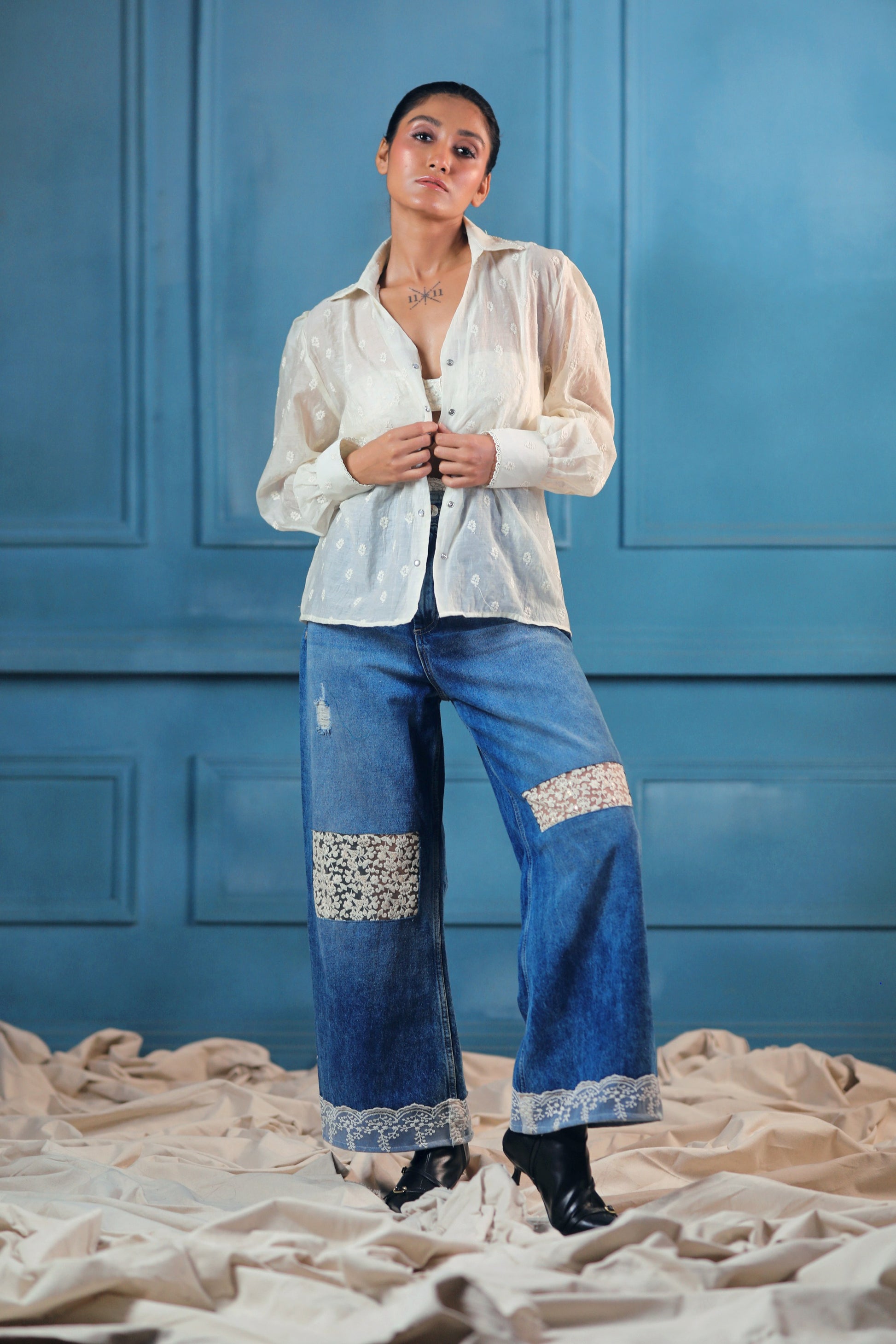 Oversized CLOUD CRAFT shirt by 66aura featuring a soft, flowing fabric and relaxed fit in a light, airy design.