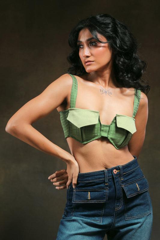 66aura Swipe Right Bralette shown in soft fabric with adjustable straps and lace detailing, designed for comfort and style.