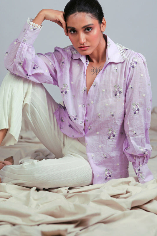 Lilac Lagoon oversized shirt by 66aura, featuring flowy fabric and relaxed fit, displayed on a hanger.