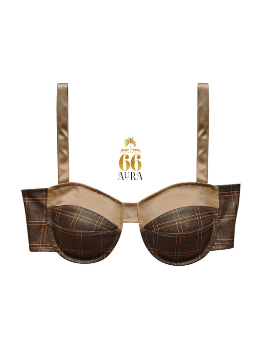 66aura Expresso Edge Bralette shown on a mannequin with lace and mesh details, soft fabric, and delicate strap design.