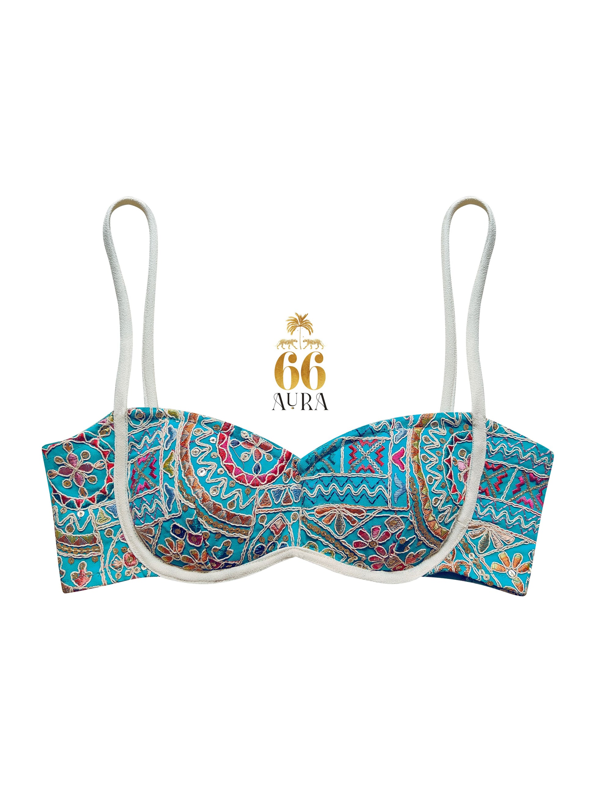 Confetti cut bralette from 66aura featuring colorful confetti pattern and soft fabric, displayed on a hanger.