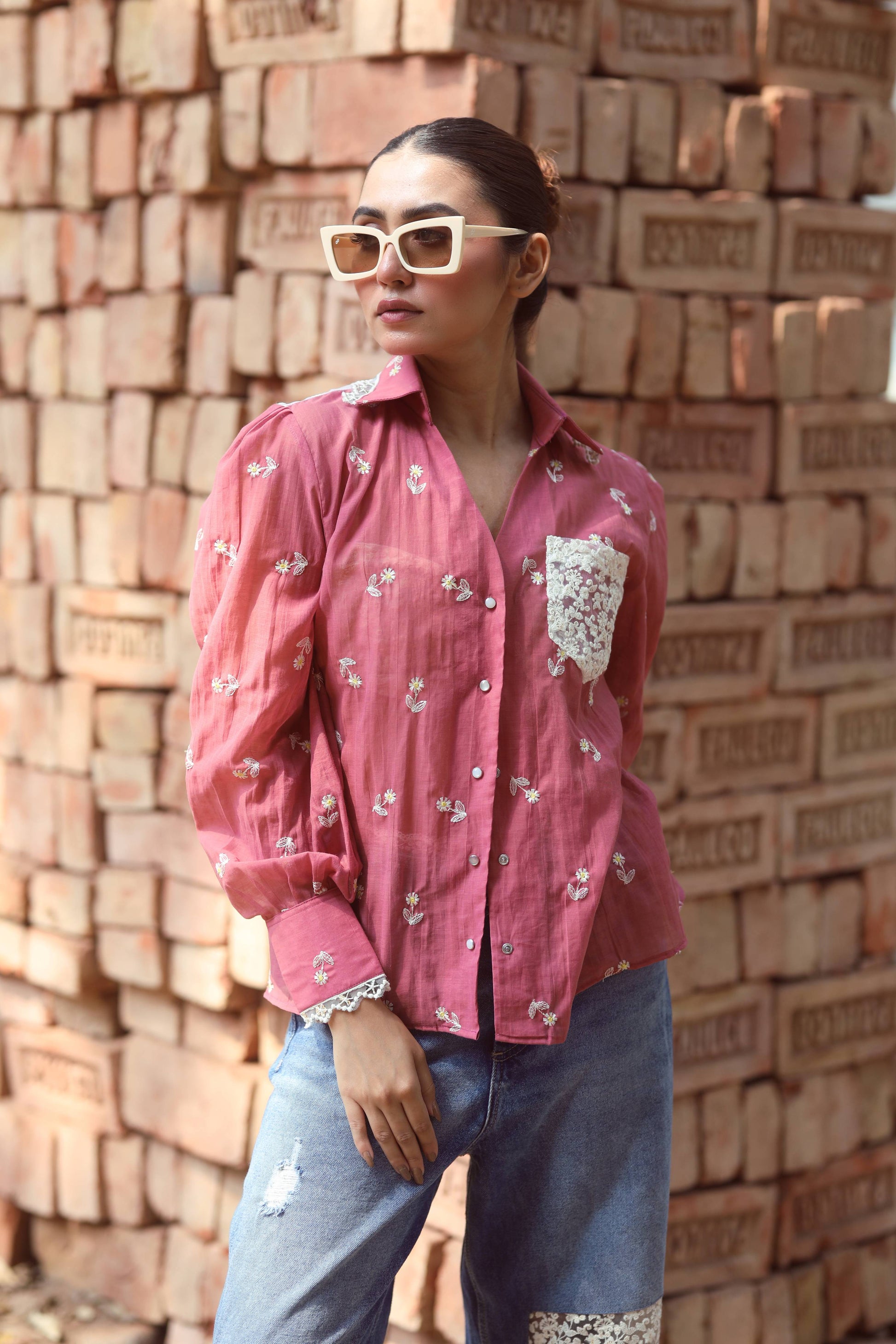 Soft cotton candy-colored shirt by 66aura featuring a casual fit with short sleeves and a round neckline.