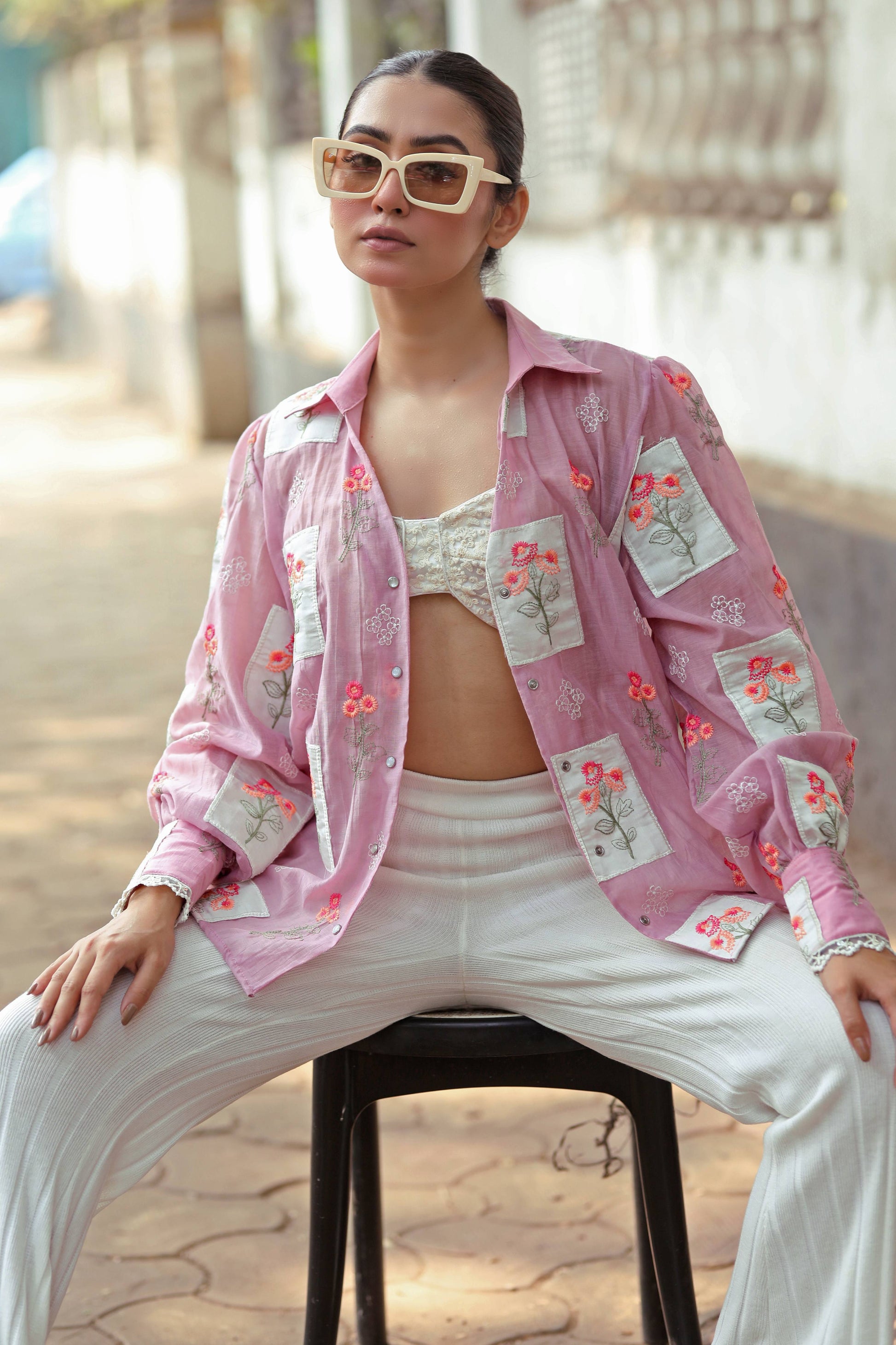 Lilac Loco Shirt by 66aura, front view showing lightweight fabric, relaxed fit, and stylish collar detail.