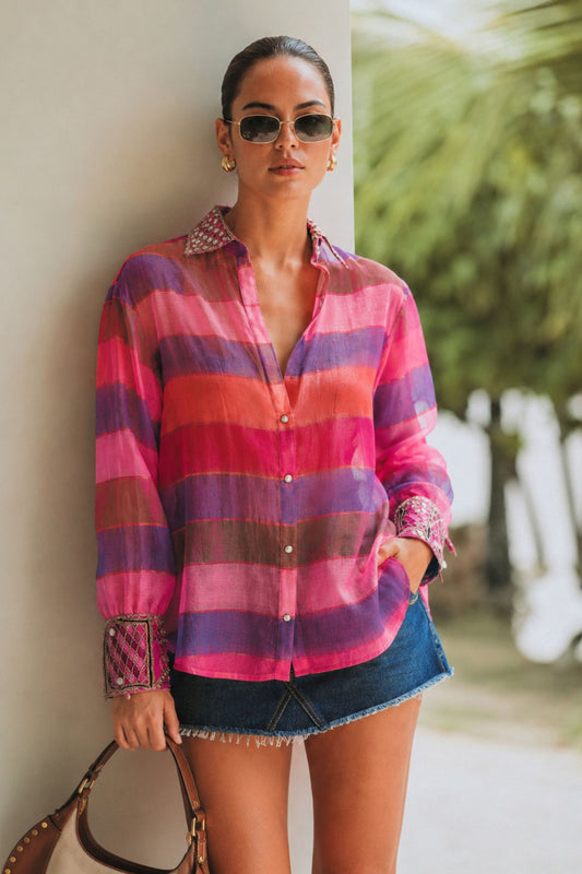 66aura Pixie Dust oversized shirt in soft, flowy fabric, featuring a relaxed fit and stylish design, displayed on a hanger.