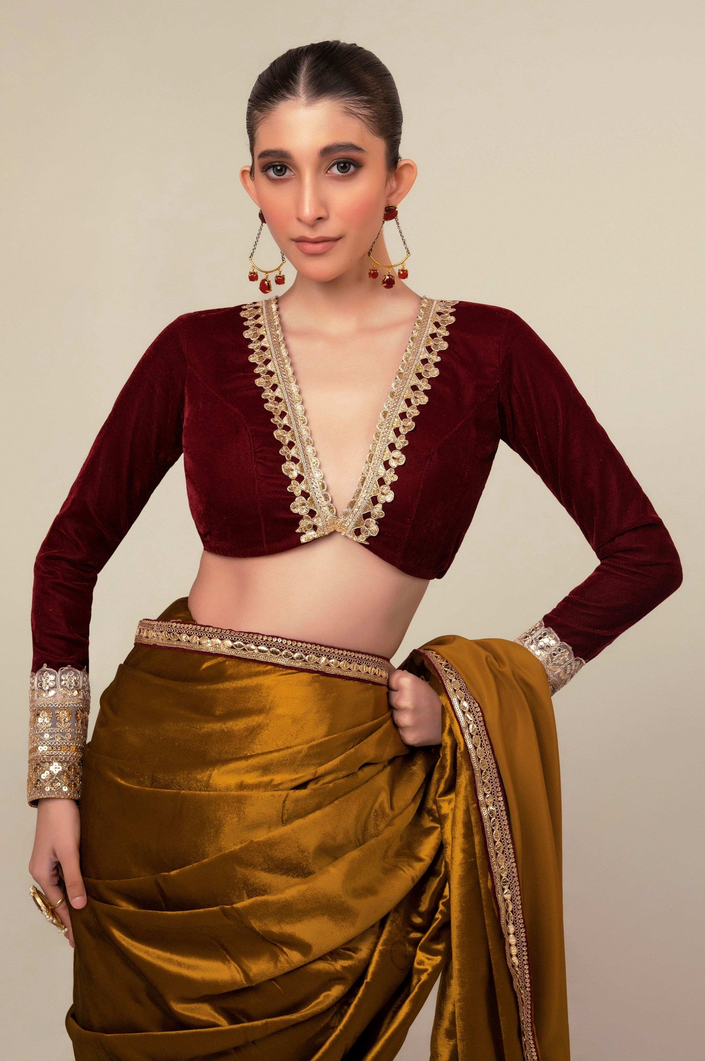 LUXE LIME SAREE WITH OXBLOOD EDGE BLOUSE - 66Aura