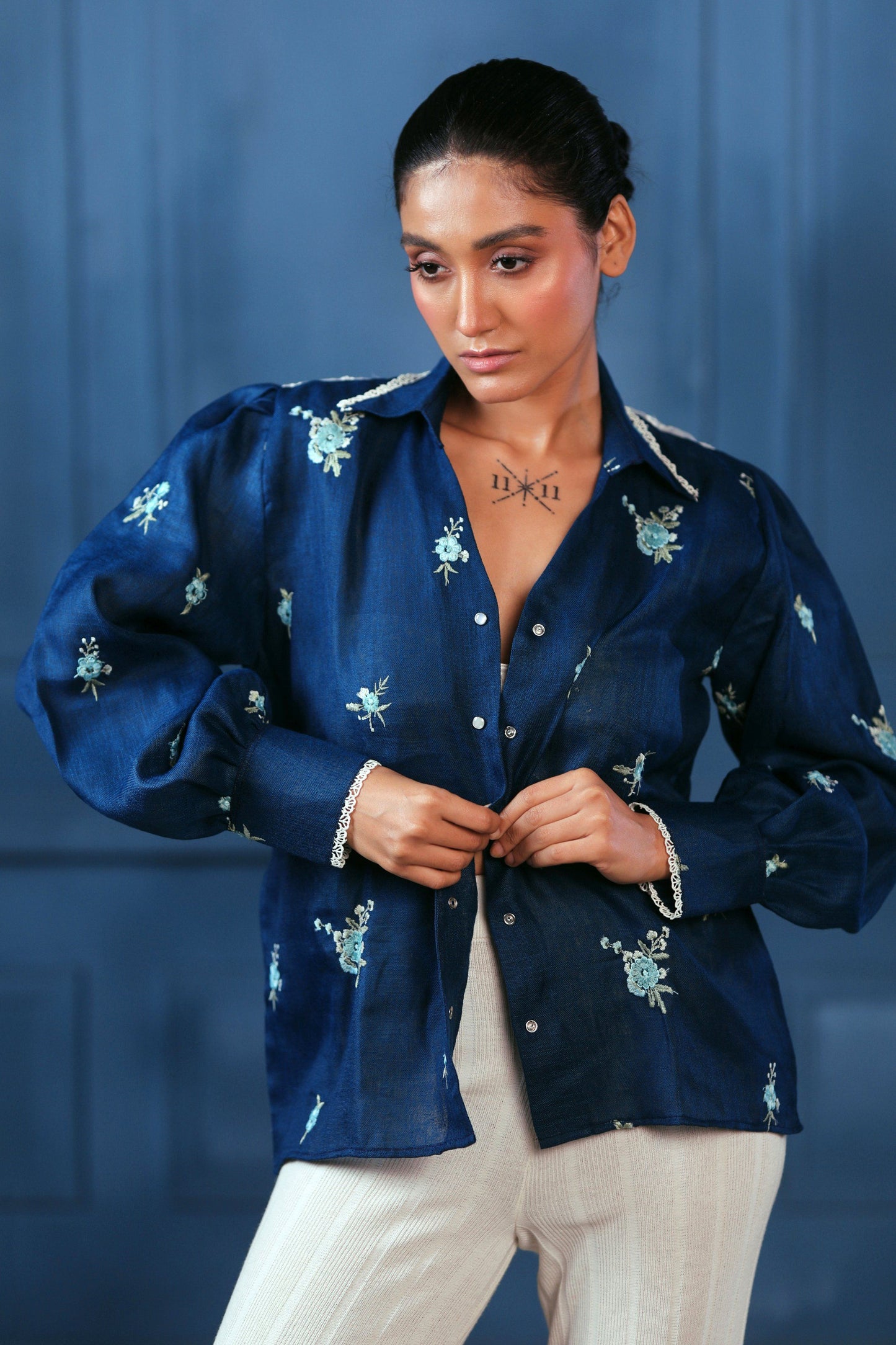 Navy Nexus oversized shirt by 66aura, featuring a relaxed fit with long sleeves and a casual, stylish design.