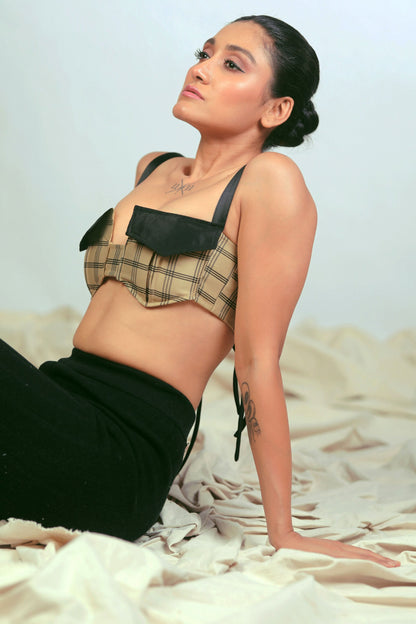 66aura Coffee Break Bralette shown on a model, featuring soft fabric, comfortable fit, and stylish design in neutral tones.