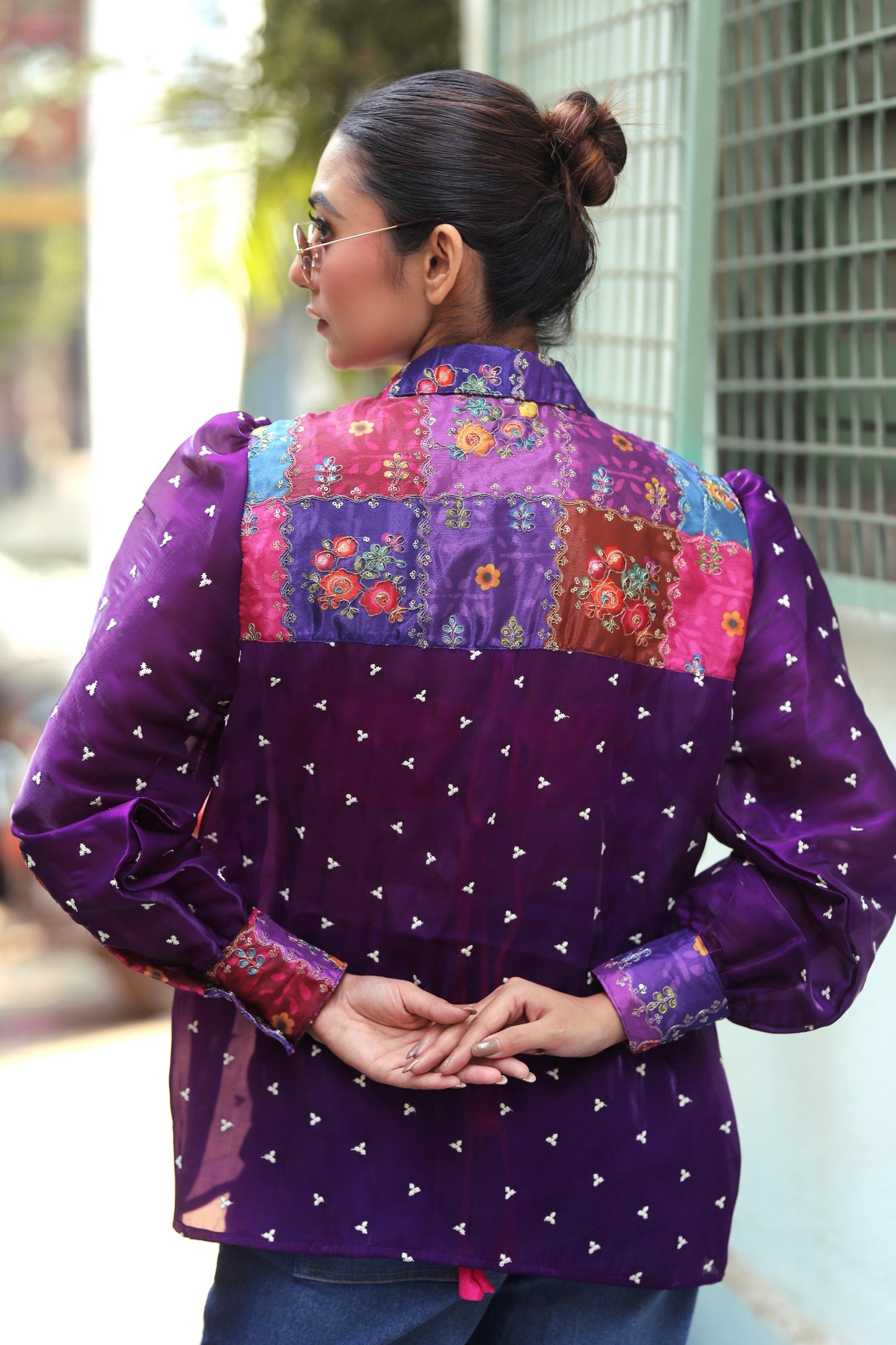 Offbeat OG shirt by 66aura featuring a stylish design, displayed on a hanger with a close-up view of the fabric and pattern.