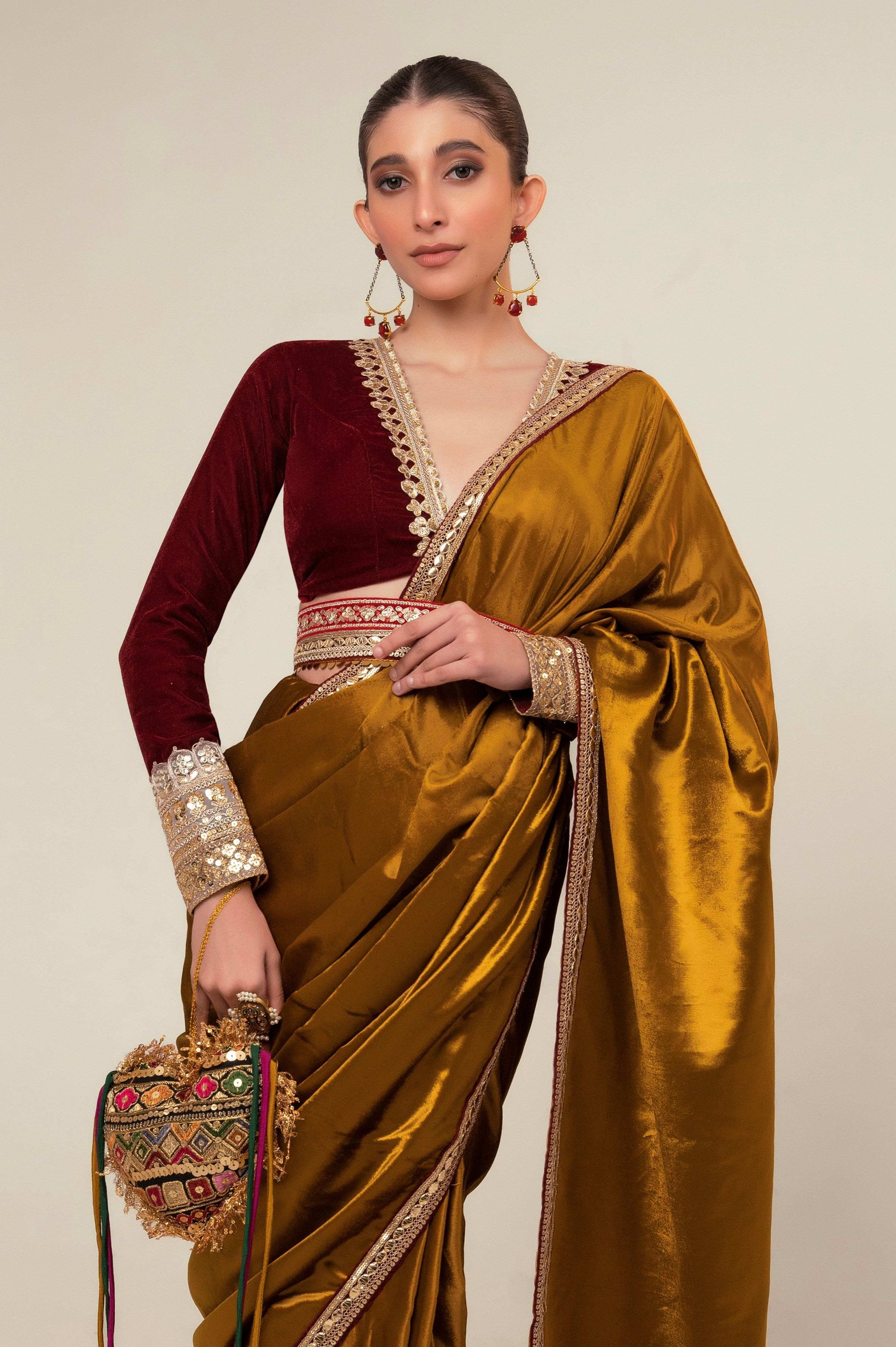 LUXE LIME SAREE WITH OXBLOOD EDGE BLOUSE - 66Aura