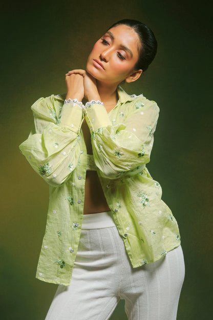 Mint Mist oversized shirt by 66aura, featuring a relaxed fit and soft fabric, shown hanging on a wooden hanger.