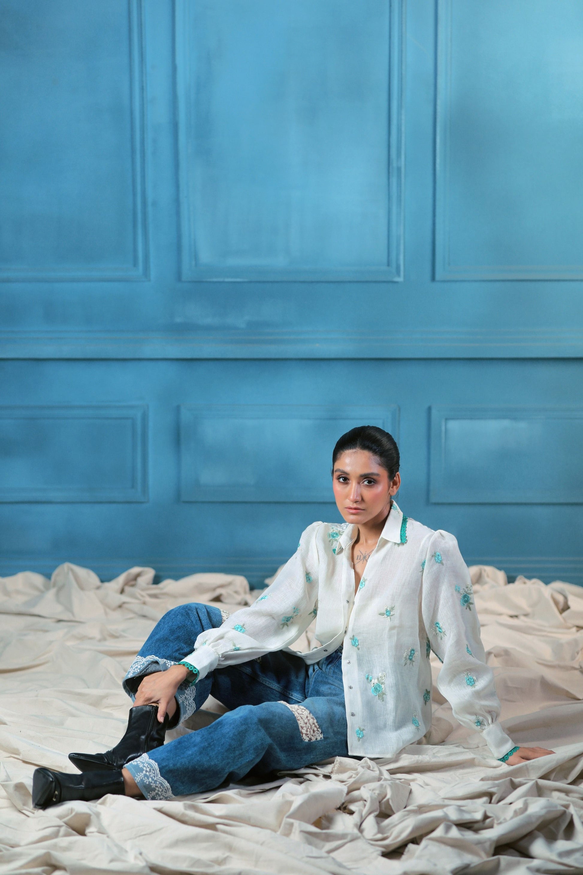 Oversized Chill Charm shirt by 66aura featuring a relaxed fit with stylish details, shown in a natural fabric appearance.