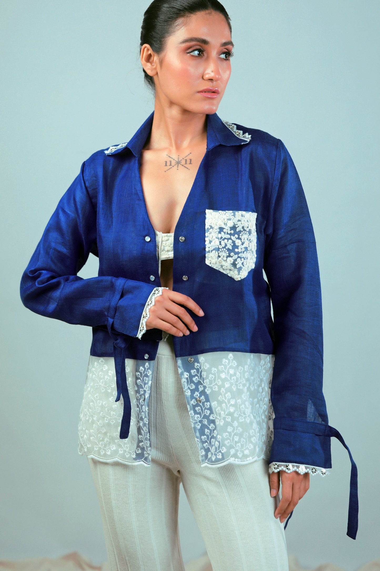 Oversized cobalt crush shirt by 66aura featuring a relaxed fit with long sleeves and a casual, stylish design.