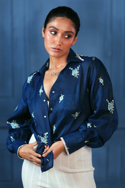 Navy Nexus oversized shirt by 66aura, featuring a relaxed fit and soft fabric, displayed on a hanger.