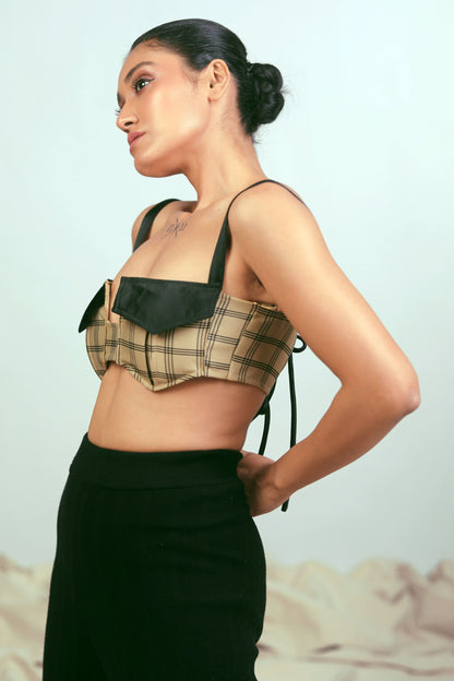 66aura Coffee Break Bralette, soft fabric with delicate lace trim, shown on a mannequin, in a neutral coffee color.