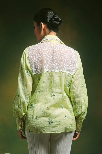 Light mint oversized shirt by 66aura, shown flat with long sleeves and relaxed fit, perfect for casual styling.