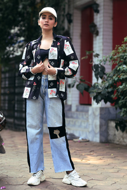 66aura VIBE CHECK shirt shown in a casual fit, featuring a stylish print and comfortable fabric, perfect for everyday wear.