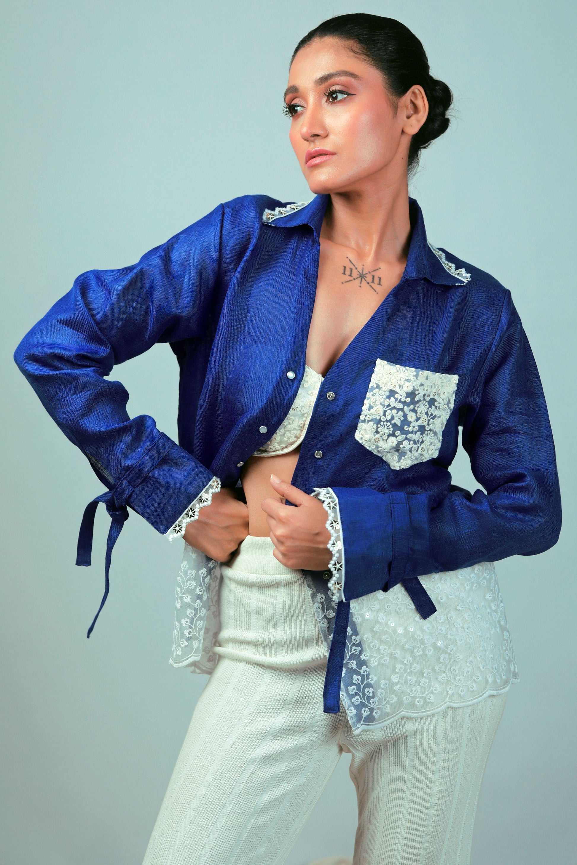 Cobalt Crush oversized shirt by 66aura, featuring a relaxed fit and casual style, shown on a model with long sleeves and a button front.