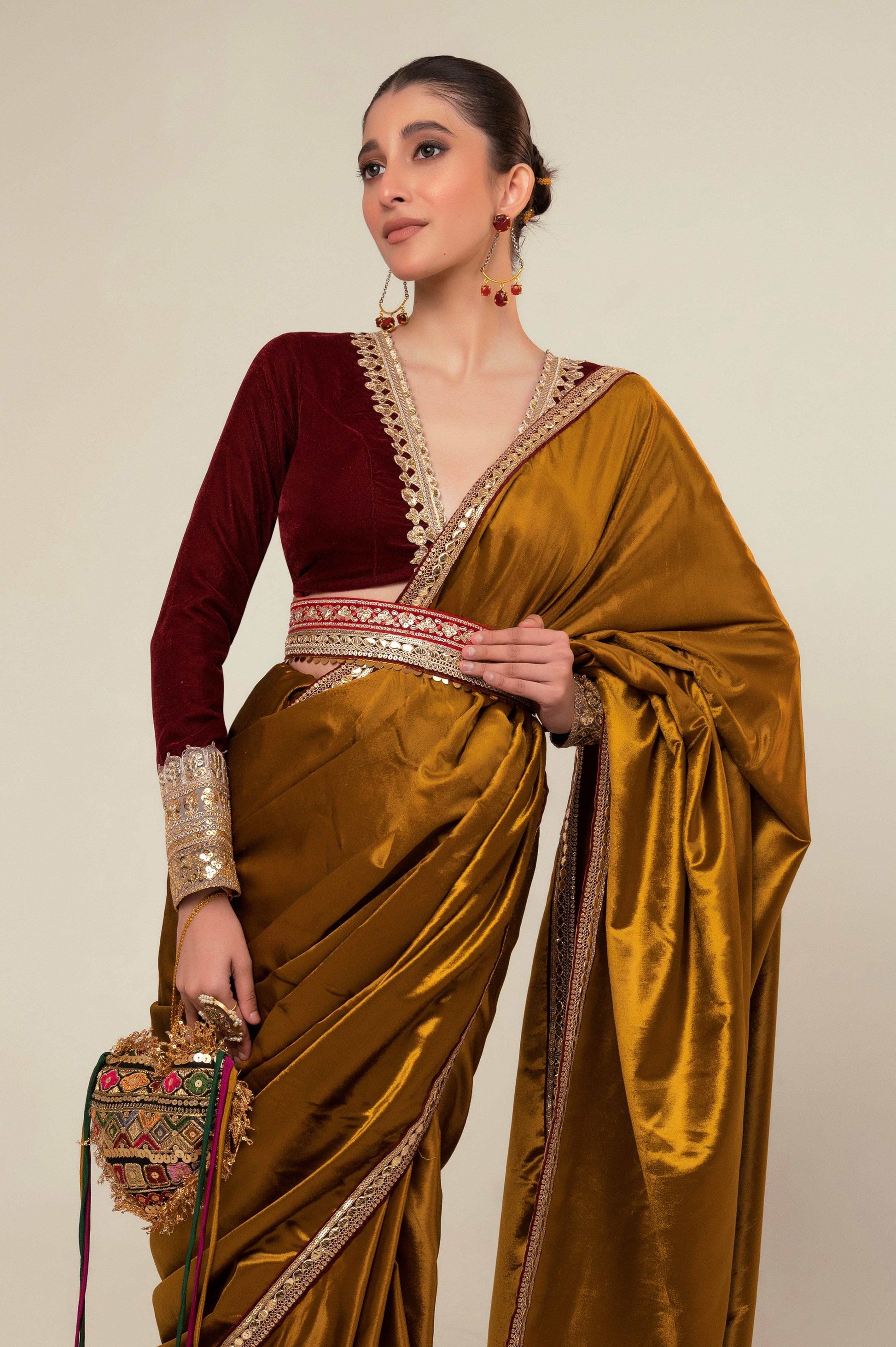 LUXE LIME SAREE WITH OXBLOOD EDGE BLOUSE - 66Aura
