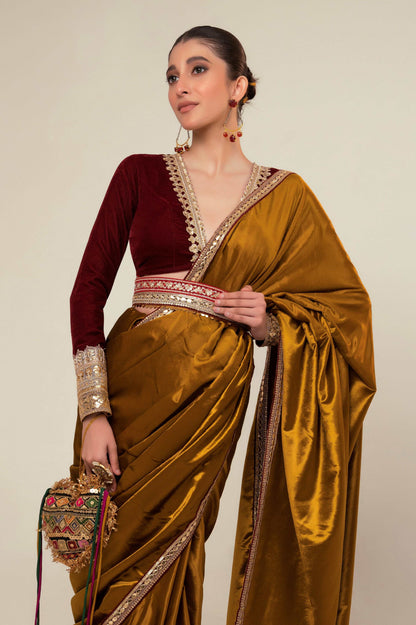 LUXE LIME SAREE WITH OXBLOOD EDGE BLOUSE - 66Aura