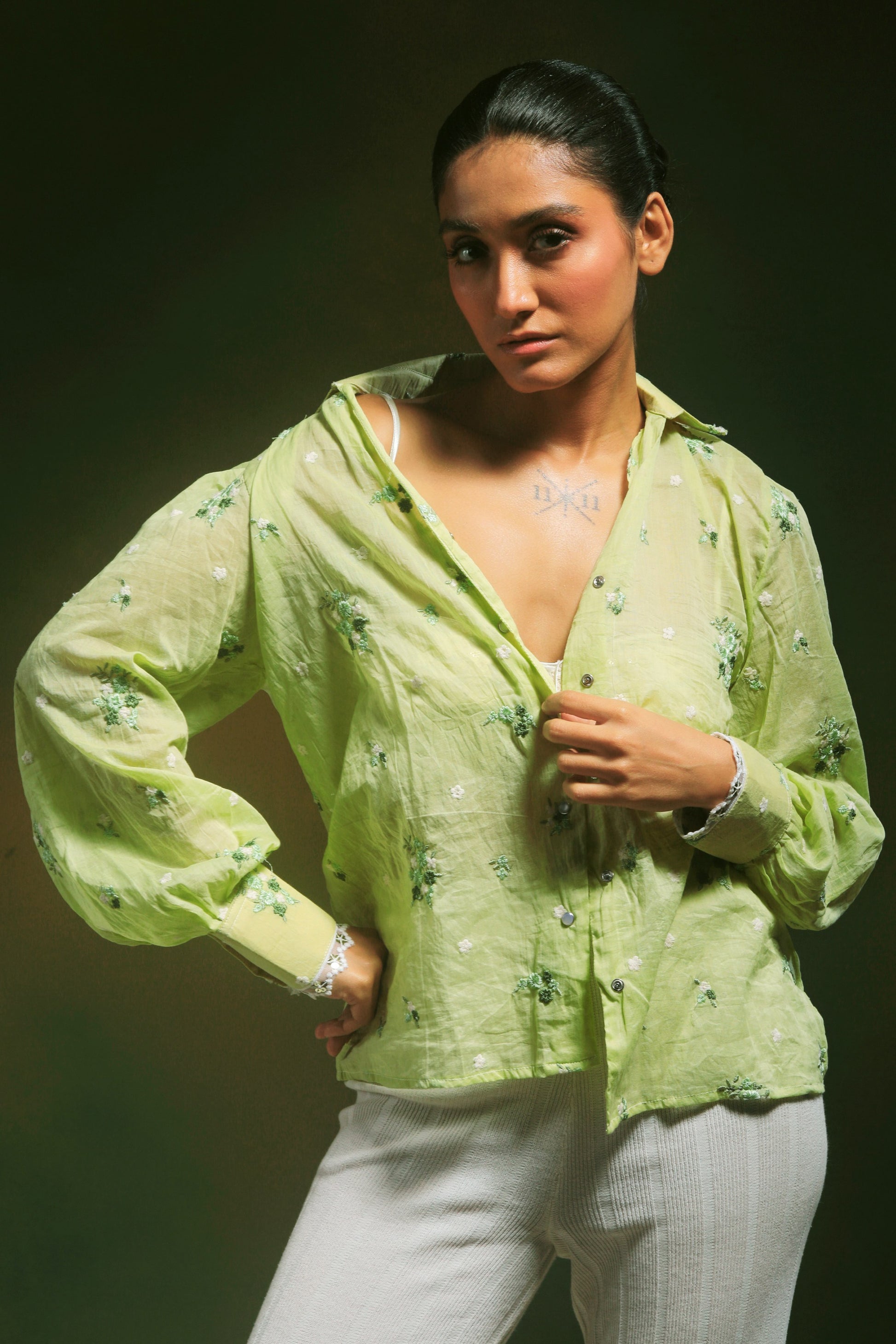 Mint Mist oversized shirt by 66aura shown in soft mint green with a relaxed fit and long sleeves.