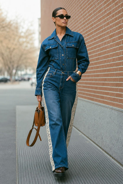 ROMCOM jeans by 66aura displayed on a hanger, showcasing classic denim style with a slim fit design.