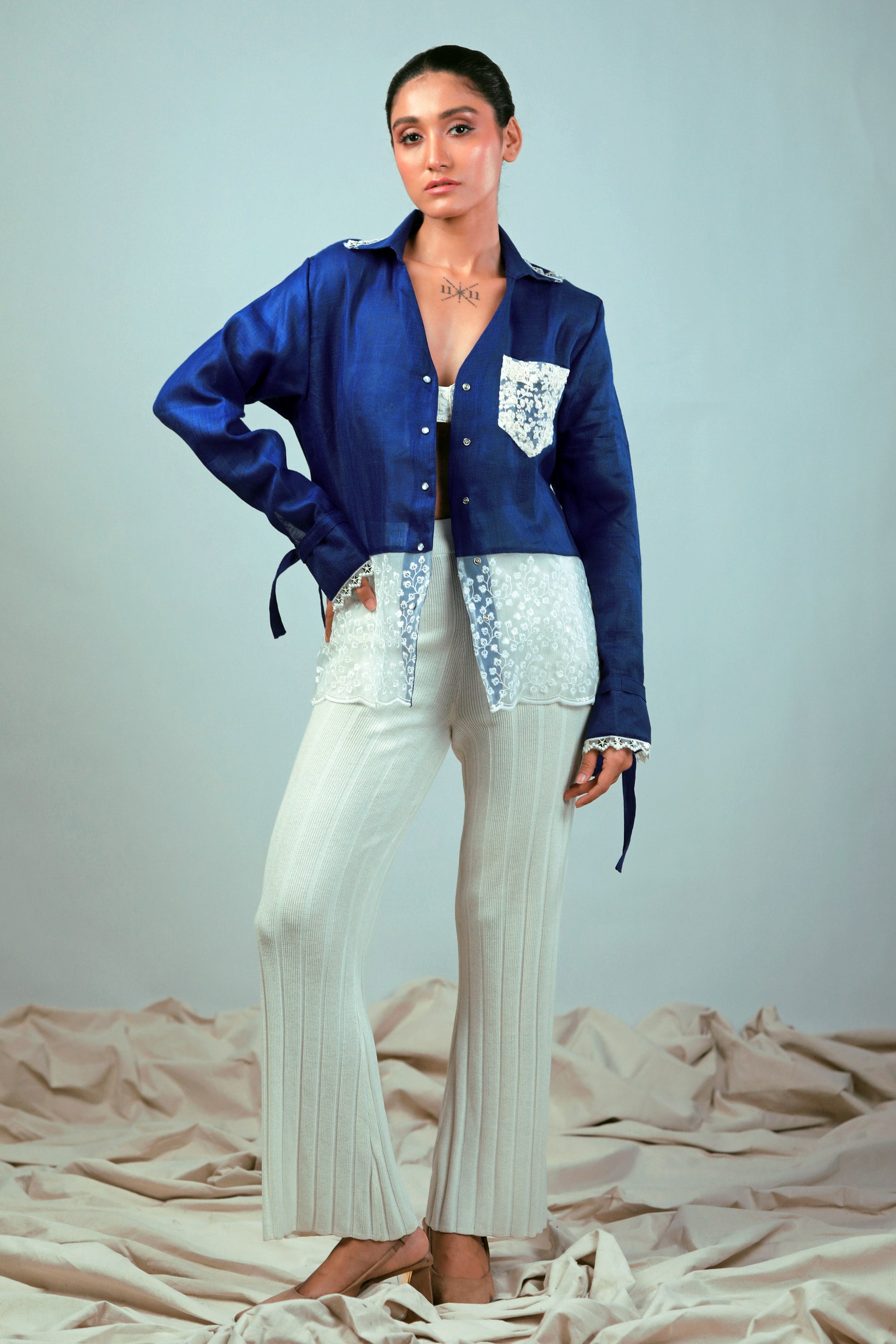 Cobalt Crush oversized shirt by 66aura featuring a relaxed fit and contemporary style, shown on a model with long sleeves and casual design.