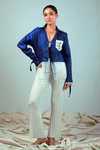 Cobalt Crush oversized shirt by 66aura featuring a relaxed fit and contemporary style, shown on a model with long sleeves and casual design.