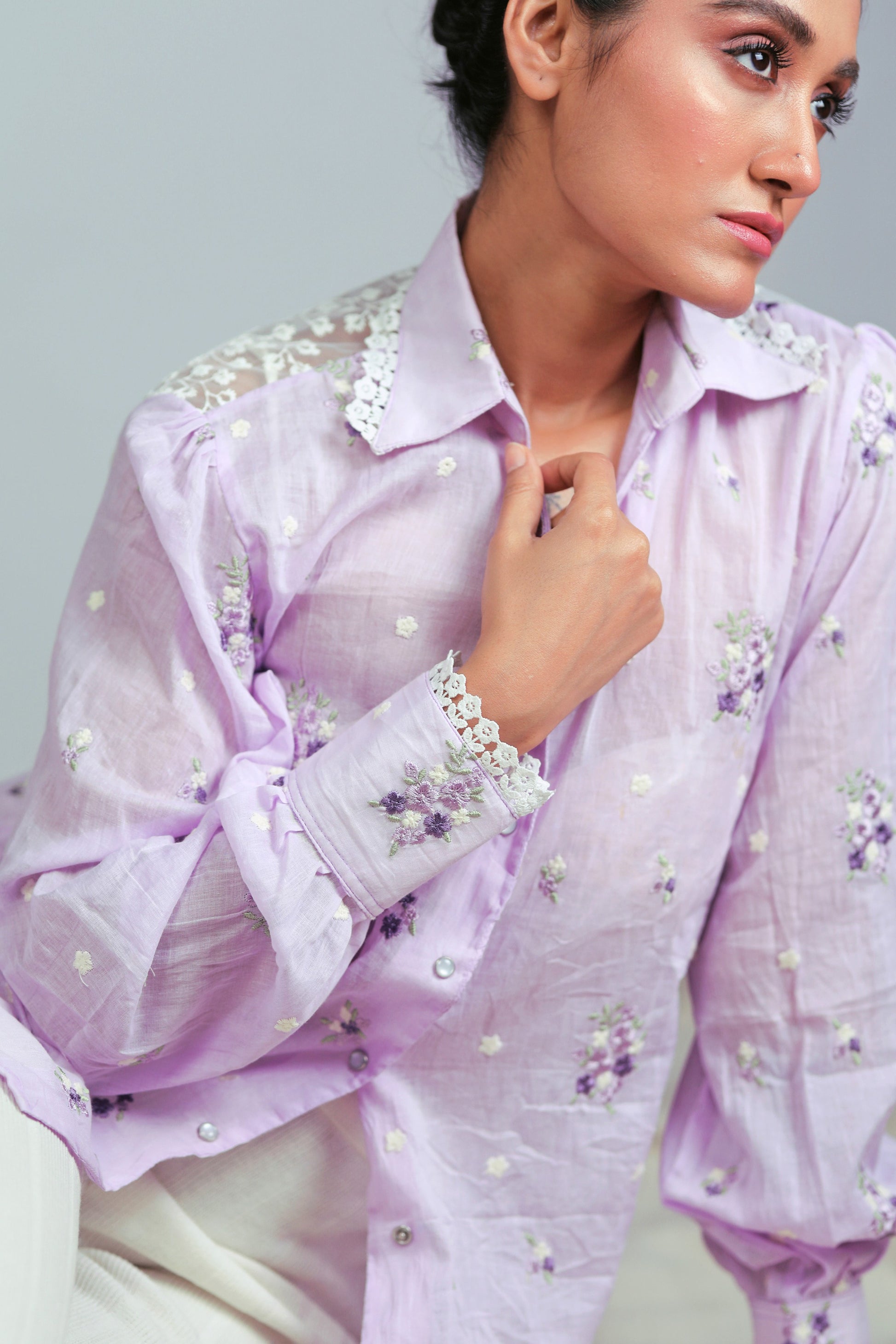 Lilac Lagoon oversized shirt by 66aura, featuring a relaxed fit with soft fabric and casual style, displayed on a hanger.